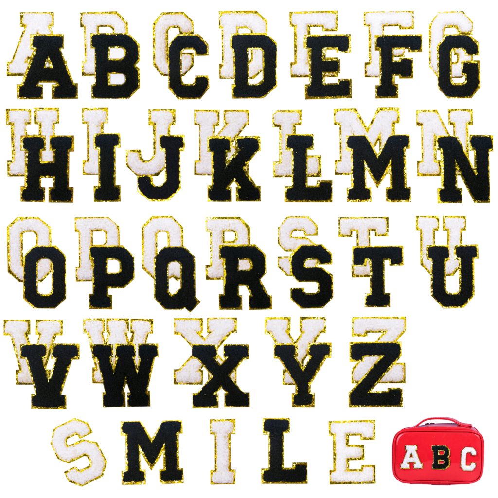 52pcs White & Black Chenille Letter Patches A-Z - Gold Trim Varsity Self-Adhesive Appliques for Jackets, Hats, Jeans & DIY Magic