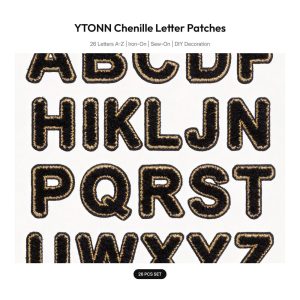 26pcs White Chenille Letter Patches A-Z - Gold Trim Varsity Self-Adhesive Appliques for Jackets, Hats, Jeans & DIY Magic