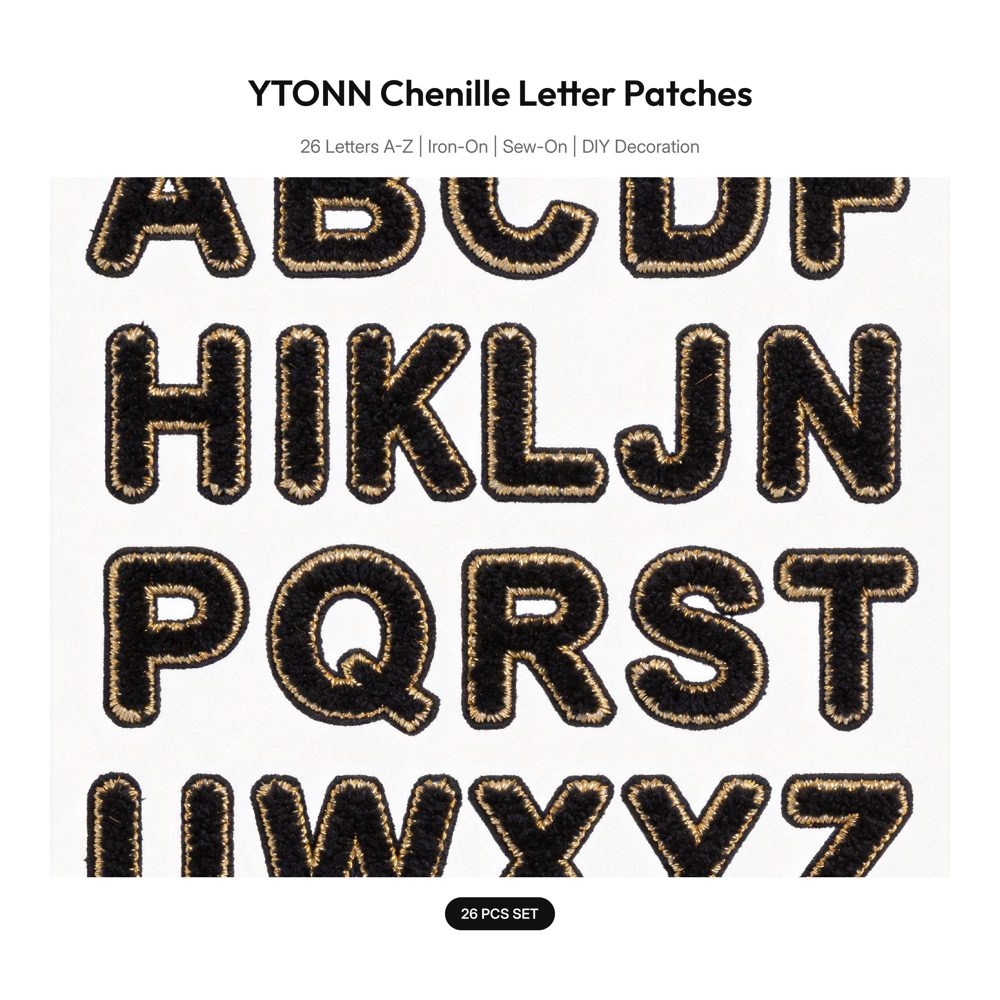 26pcs White Chenille Letter Patches A-Z - Gold Trim Varsity Self-Adhesive Appliques for Jackets, Hats, Jeans & DIY Magic